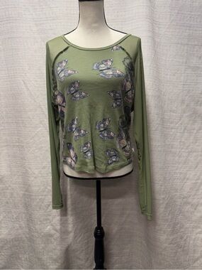 Thorn & Fable 2X Olive Green Butterfly Long Sleeve Boho Top